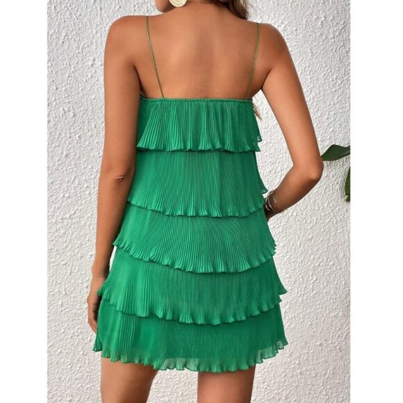 ruffle tiered spaghetti strap boho mini dress green - Picture 2 of 2
